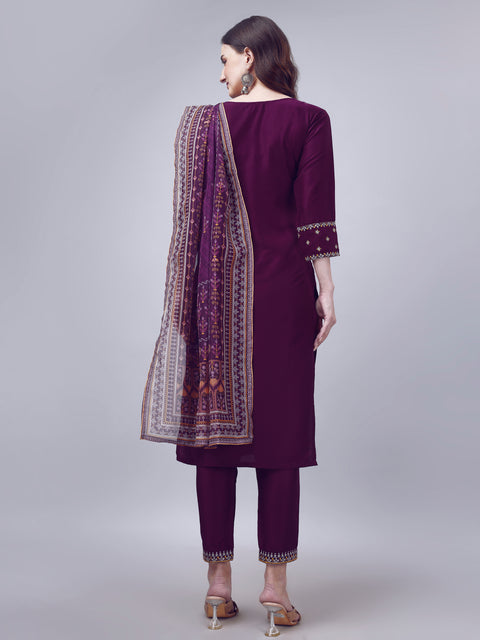 Attire Empire Women Silk Blend Purple Embroidery Kurta & Pant & Printed Dupatta Set