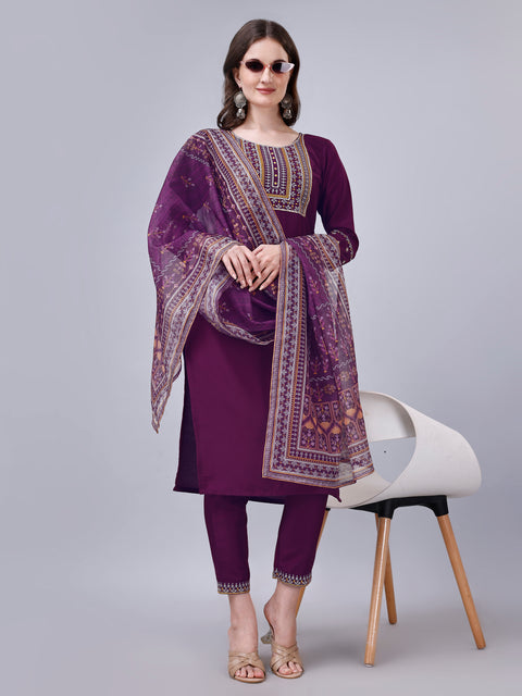 Attire Empire Women Silk Blend Purple Embroidery Kurta & Pant & Printed Dupatta Set