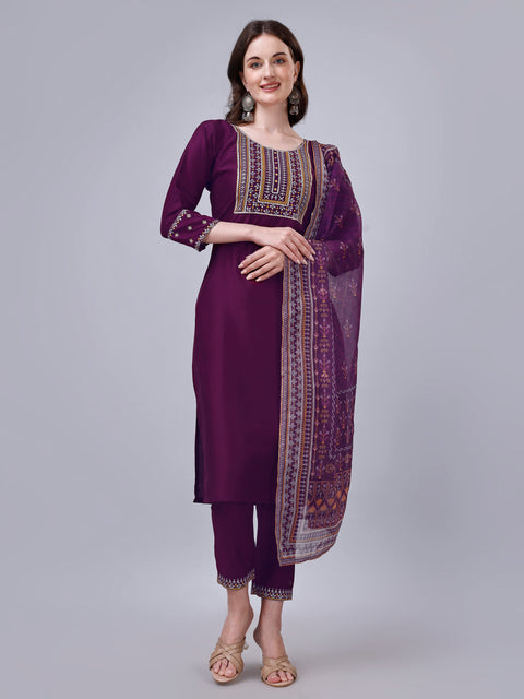 Attire Empire Women Silk Blend Purple Embroidery Kurta & Pant & Printed Dupatta Set