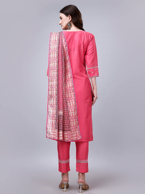 Attire Empire Women Silk Blend Pink Embroidery Kurta & Pant & Printed Dupatta Set