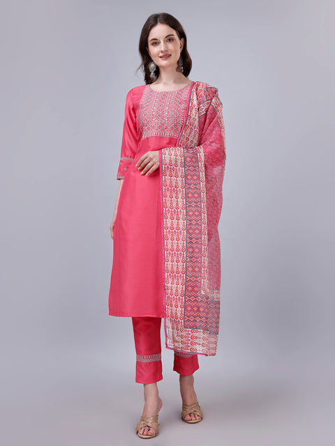 Attire Empire Women Silk Blend Pink Embroidery Kurta & Pant & Printed Dupatta Set