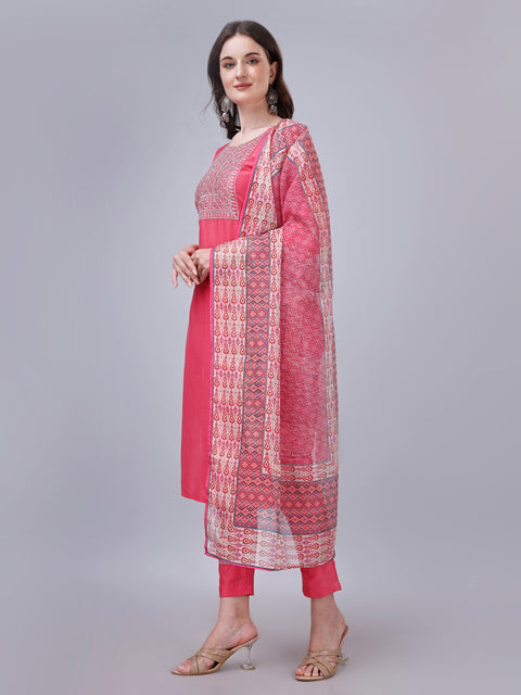 Attire Empire Women Silk Blend Pink Embroidery Kurta & Pant & Printed Dupatta Set