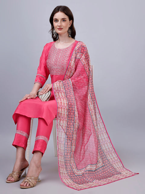 Attire Empire Women Silk Blend Pink Embroidery Kurta & Pant & Printed Dupatta Set