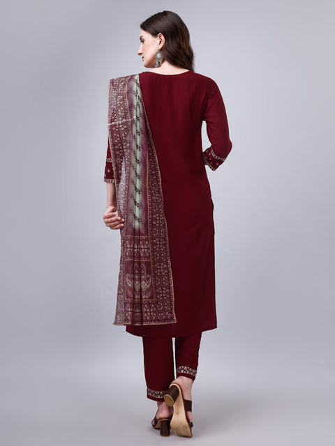 Attire Empire Women Silk Blend Maroon Embroidery Kurta & Pant & Printed Dupatta Set