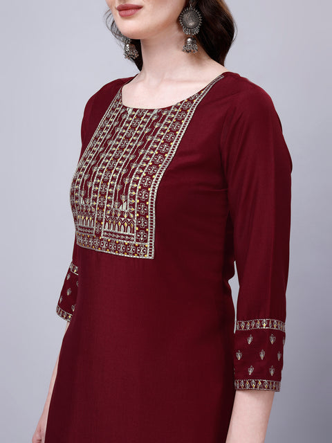 Attire Empire Women Silk Blend Maroon Embroidery Kurta & Pant & Printed Dupatta Set