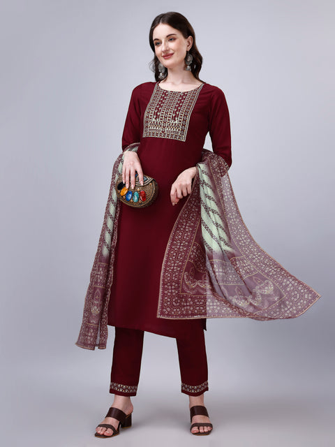 Attire Empire Women Silk Blend Maroon Embroidery Kurta & Pant & Printed Dupatta Set