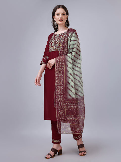 Attire Empire Women Silk Blend Maroon Embroidery Kurta & Pant & Printed Dupatta Set