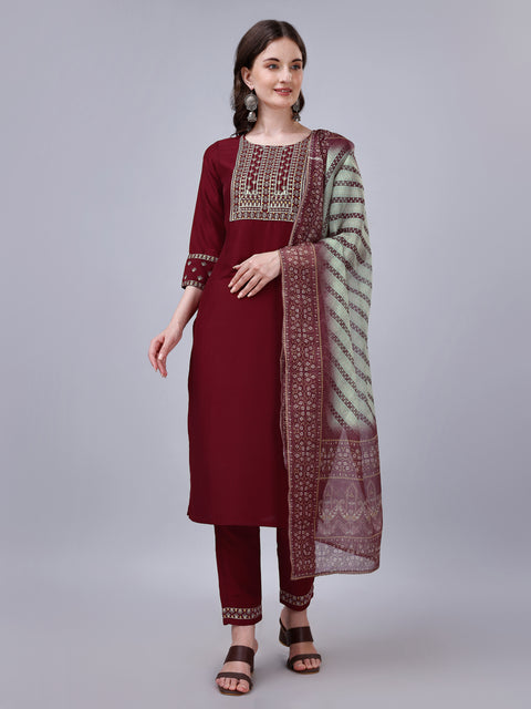 Attire Empire Women Silk Blend Maroon Embroidery Kurta & Pant & Printed Dupatta Set