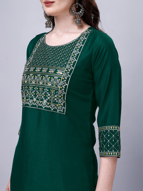 Attire Empire Women Silk Blend Green Embroidery Kurta & Pant & Printed Dupatta Set
