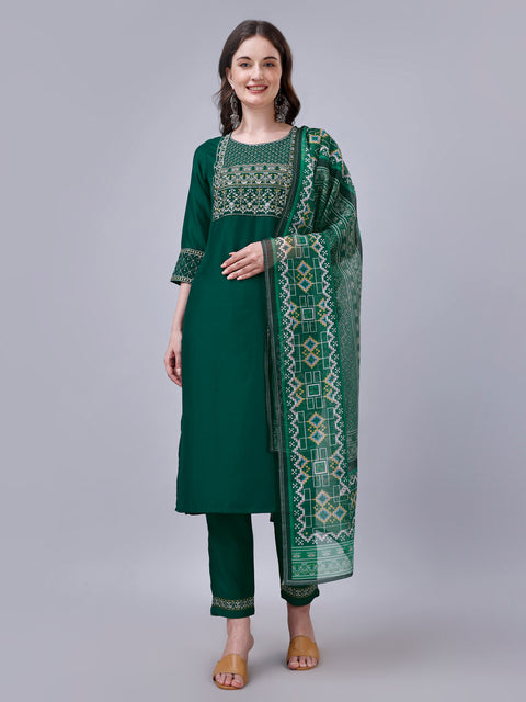 Attire Empire Women Silk Blend Green Embroidery Kurta & Pant & Printed Dupatta Set