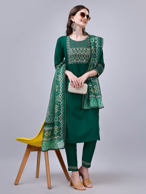 Attire Empire Women Silk Blend Green Embroidery Kurta & Pant & Printed Dupatta Set