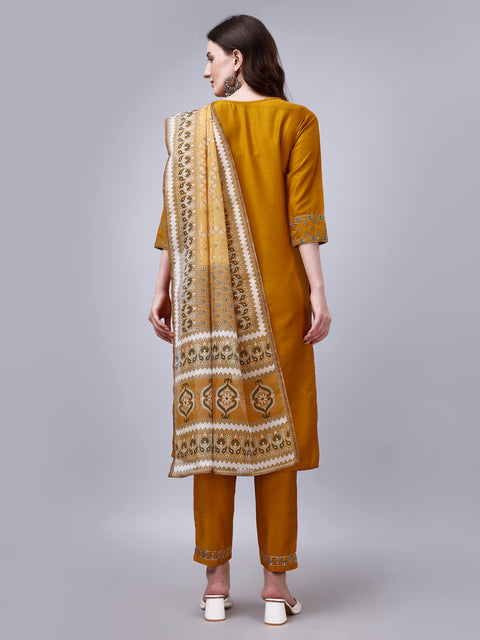 Attire Empire Women Silk Blend Yellow Embroidery Kurta & Pant & Printed Dupatta Set