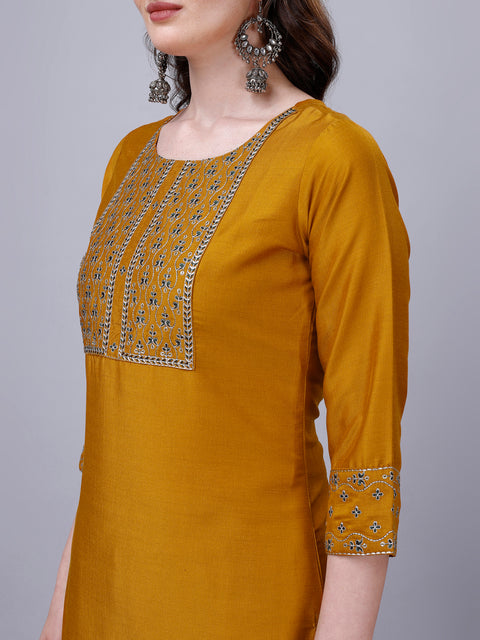 Attire Empire Women Silk Blend Yellow Embroidery Kurta & Pant & Printed Dupatta Set