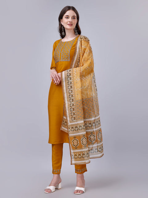 Attire Empire Women Silk Blend Yellow Embroidery Kurta & Pant & Printed Dupatta Set