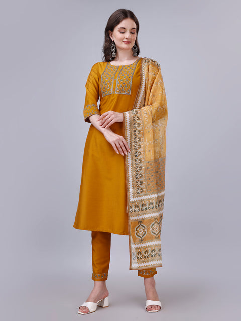 Attire Empire Women Silk Blend Yellow Embroidery Kurta & Pant & Printed Dupatta Set