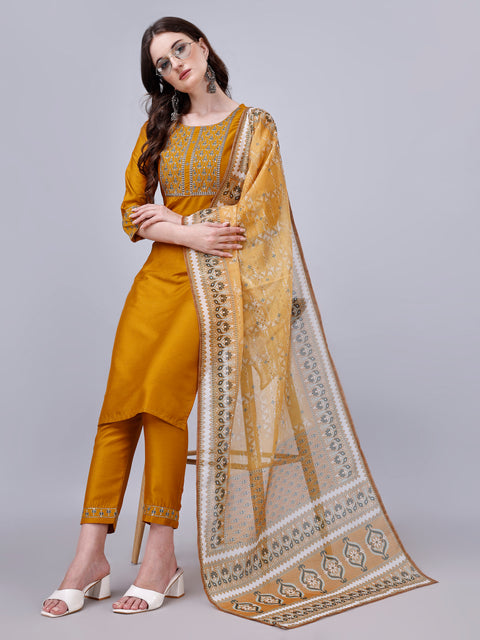 Attire Empire Women Silk Blend Yellow Embroidery Kurta & Pant & Printed Dupatta Set