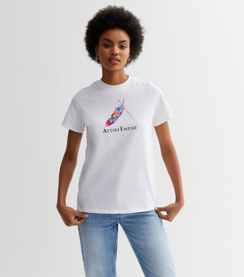 Attire Empire Women White Printed Round Neck T-shirt