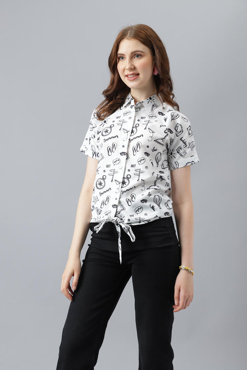 Attire Empire Women Regular Fit Printed Spread Collar Casual White Shirt