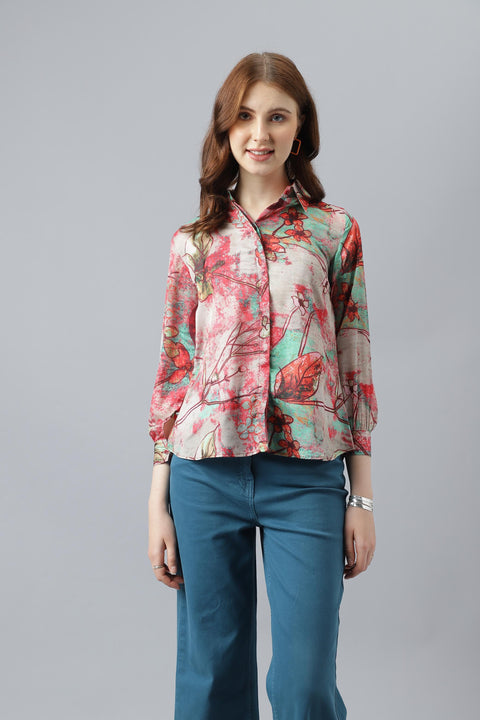 Attire Empire Women Regular Fit Printed Spread Collar Casual Pink Shirt