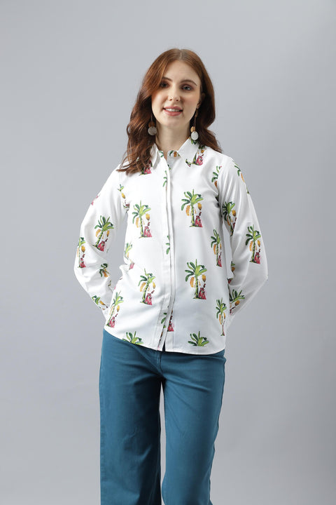Attire Empire Women Regular Fit Printed Spread Collar Casual White Shirt
