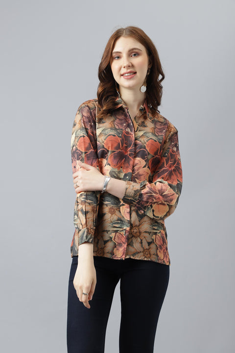 Attire Empire Women Regular Fit Printed Spread Collar Casual Orange Shirt