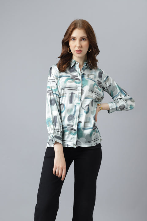 Attire Empire Women Regular Fit Printed Spread Collar Casual Light Green Shirt