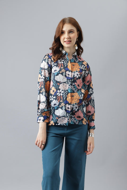 Attire Empire Women Regular Fit Printed Spread Collar Casual Sky Blue Shirt