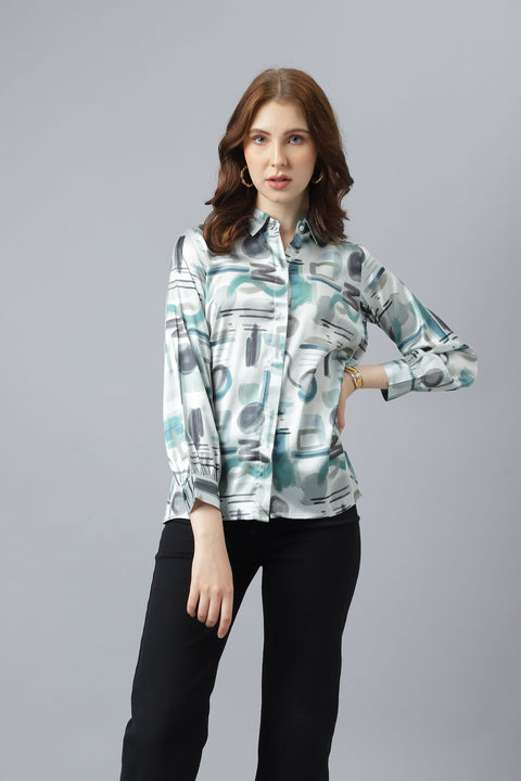 Attire Empire Women Regular Fit Printed Spread Collar Casual Light Green Shirt