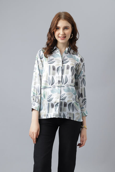 Attire Empire Women Regular Fit Printed Spread Collar Casual Grey Shirt
