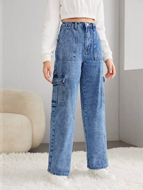 XWAGER Women High-Waisted Relaxed Fit Blue Denim Cargo Jeans