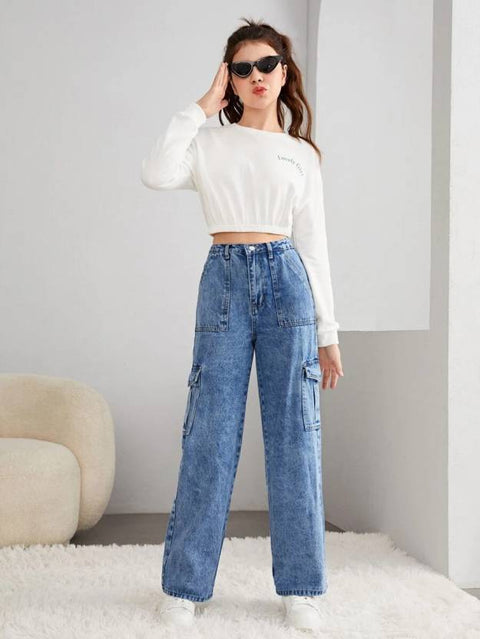 XWAGER Women High-Waisted Relaxed Fit Blue Denim Cargo Jeans