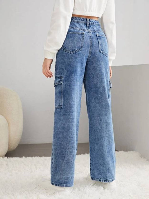 XWAGER Women High-Waisted Relaxed Fit Blue Denim Cargo Jeans