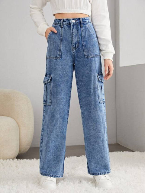 XWAGER Women High-Waisted Relaxed Fit Blue Denim Cargo Jeans