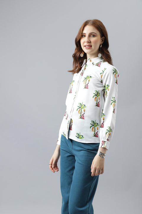 Attire Empire Women Regular Fit Printed Spread Collar Casual White Shirt