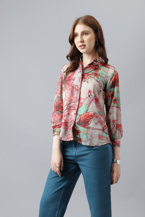 Attire Empire Women Regular Fit Printed Spread Collar Casual Pink Shirt