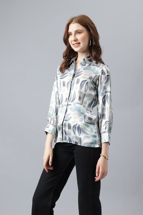 Attire Empire Women Regular Fit Printed Spread Collar Casual Grey Shirt