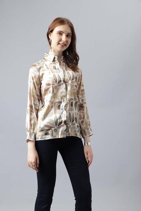 Attire Empire Women Regular Fit Printed Spread Collar Casual Golden Shirt
