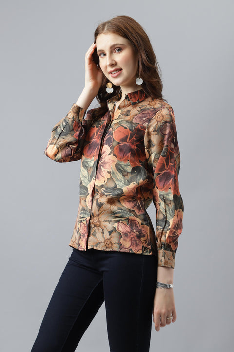 Attire Empire Women Regular Fit Printed Spread Collar Casual Orange Shirt