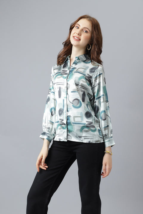 Attire Empire Women Regular Fit Printed Spread Collar Casual Light Green Shirt