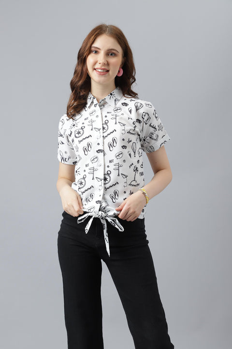 Attire Empire Women Regular Fit Printed Spread Collar Casual White Shirt