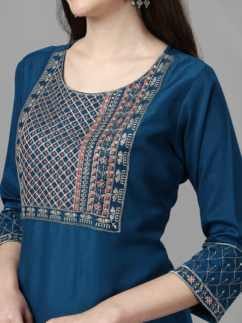 Attire Empire Women Silk Blend Blue Embroidery Kurta & Pant & Printed Dupatta Set