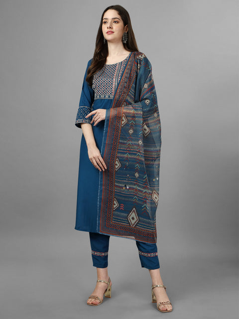 Attire Empire Women Silk Blend Blue Embroidery Kurta & Pant & Printed Dupatta Set