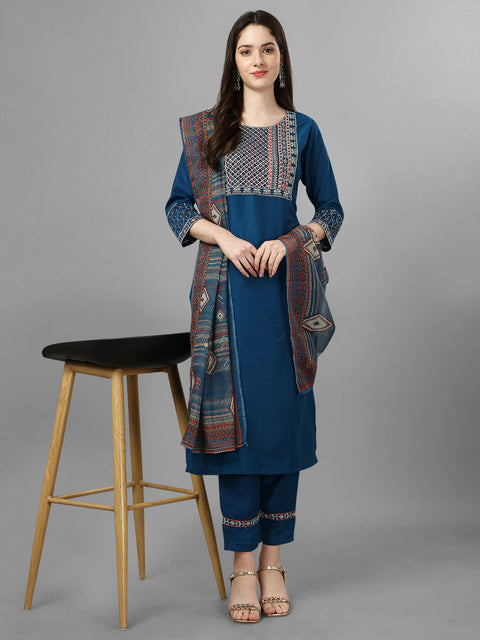 Attire Empire Women Silk Blend Blue Embroidery Kurta & Pant & Printed Dupatta Set