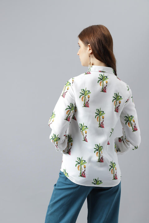 Attire Empire Women Regular Fit Printed Spread Collar Casual White Shirt