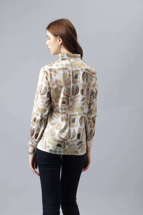 Attire Empire Women Regular Fit Printed Spread Collar Casual Golden Shirt