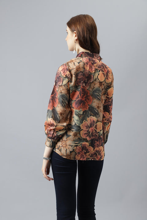 Attire Empire Women Regular Fit Printed Spread Collar Casual Orange Shirt