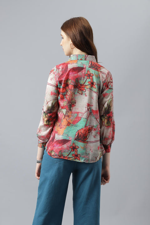 Attire Empire Women Regular Fit Printed Spread Collar Casual Pink Shirt