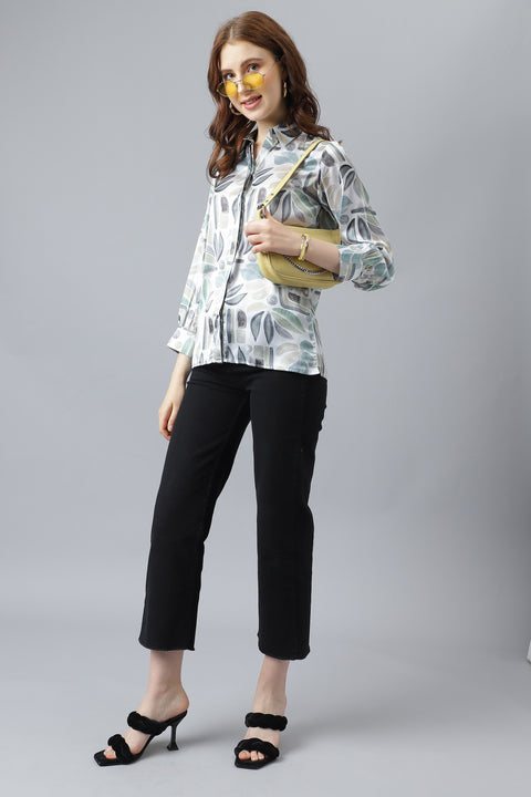 Attire Empire Women Regular Fit Printed Spread Collar Casual Grey Shirt