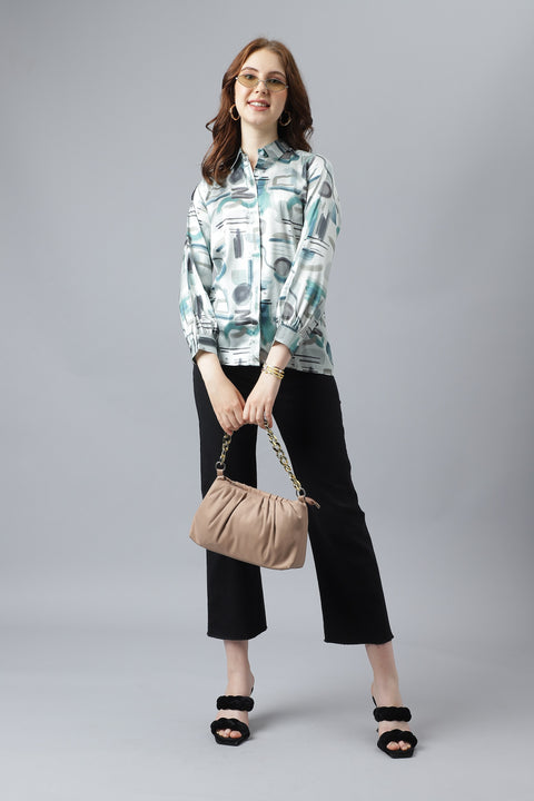 Attire Empire Women Regular Fit Printed Spread Collar Casual Light Green Shirt