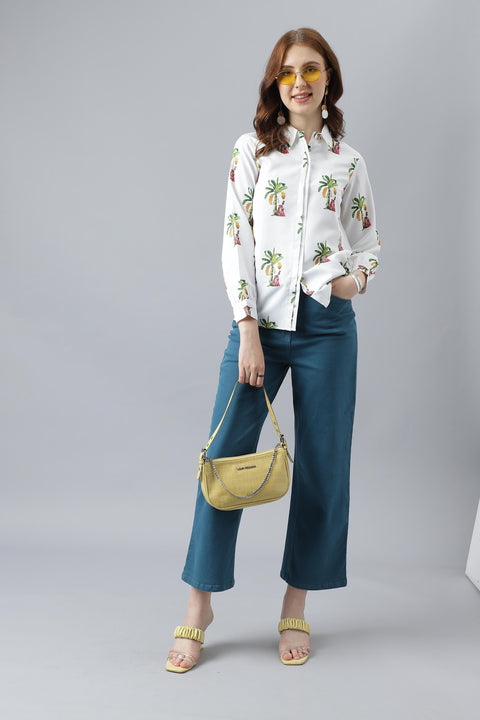 Attire Empire Women Regular Fit Printed Spread Collar Casual White Shirt